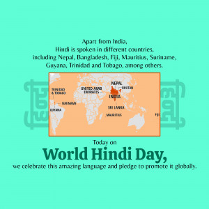 World map highlighting countries where Hindi is spoken, celebrating World Hindi Day.