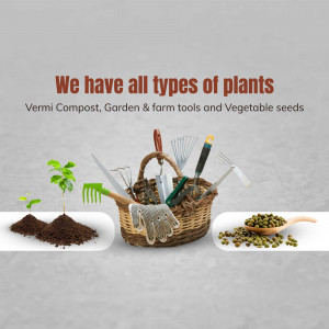 Basket filled with gardening tools, seeds, and a small plant, promoting garden supplies.