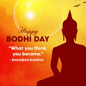 Silhouette of Buddha meditating against a vibrant sunset background with text 'Happy Bodhi Day'