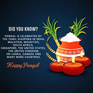 Pongal festival graphic with pot, sugarcane, and candles