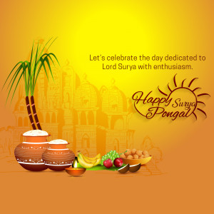 Pongal festival greeting with sugarcane, traditional pots, fruits, and a sun illustration.