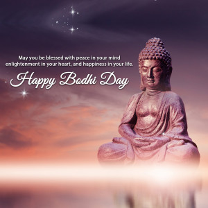Image of Buddha with a peaceful sky background and text 'Happy Bodhi Day'