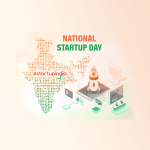 Illustration depicting National Startup Day in India with a rocket launch and digital India theme.