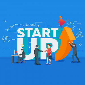 Illustration depicting the Indian Startup Ecosystem with people collaborating and a rising arrow.