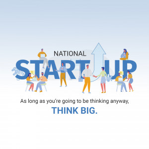 Illustration of diverse people working together with the words 'National Startup' and 'Think Big'.