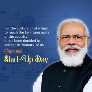 Image of Narendra Modi with text announcing National Startup Day on January 16th.