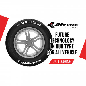 Close-up of a JK Tyre UX Touring tire with the tagline 'Future Technology in Our Tyre'