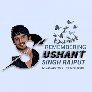 Portrait of Sushant Singh Rajput with butterflies and the dates of his birth and death.