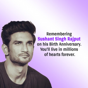 Portrait of Sushant Singh Rajput with a memorial message