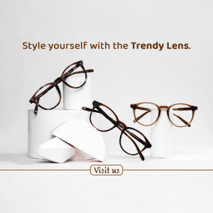 Three pairs of stylish eyeglasses displayed on white geometric platforms.