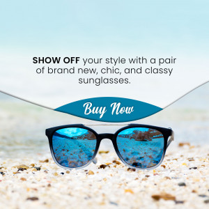 Sunglasses on a beach with text promoting a sale