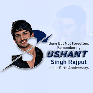 Portrait of Sushant Singh Rajput with a memorial message