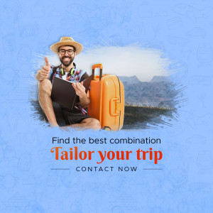 Man with suitcase and travel accessories, promoting custom trip planning.