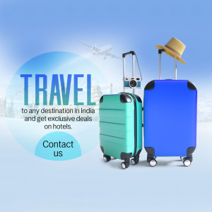 Suitcases, hat, and camera with a travel advertisement for India