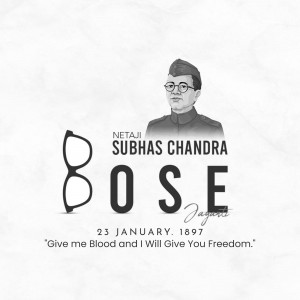 Portrait of Netaji Subhas Chandra Bose with his signature and a pair of glasses