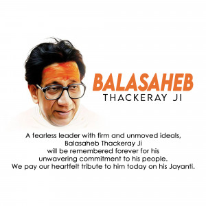 Portrait of Balasaheb Thackeray with text commemorating his Jayanti