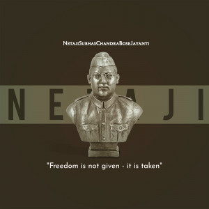 Bust of Netaji Subhas Chandra Bose with text overlay
