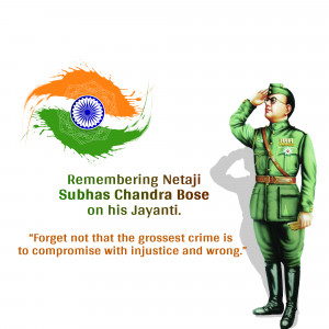Image of Netaji Subhas Chandra Bose with the Indian flag and a quote.