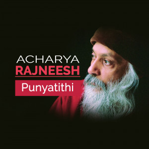 Portrait of Acharya Rajneesh with text overlay