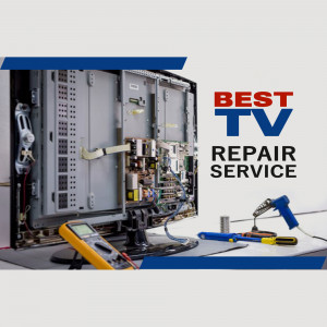 TV repair service with tools and disassembled TV