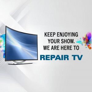 Advertisement for TV repair services featuring a curved screen TV and colorful graphics.