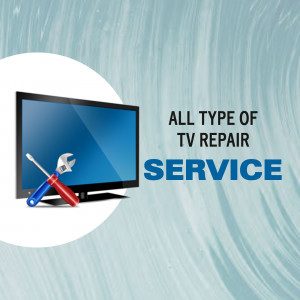 Advertisement for TV repair service with tools and a TV screen