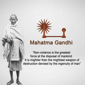 Black and white portrait of Mahatma Gandhi with a quote about non-violence.