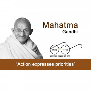 Portrait of Mahatma Gandhi with the Swachh Bharat Abhiyan logo and a quote.