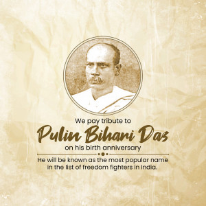 Portrait of Pulind Bihari Das with tribute text