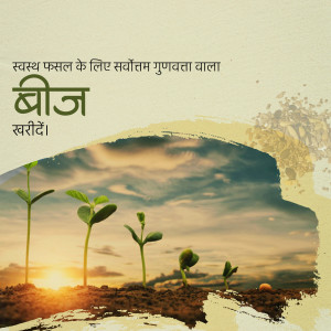 Image depicting seedlings growing from the earth with text in Hindi promoting quality seeds.