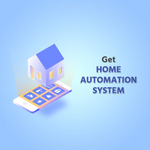 Isometric illustration of a smartphone displaying home automation icons with a house floating above it.