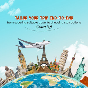 Travel planning image with landmarks and airplane