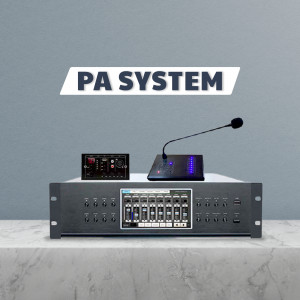 Image of a complete PA system with mixer, amplifier, and microphone.