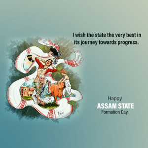 Illustration celebrating Assam State Formation Day with cultural elements and figures.