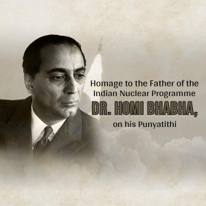 Portrait of Dr. Homi Bhabha with a rocket launch in the background