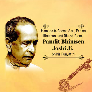 Portrait of Pandit Bhimsen Joshi with text honoring his memory