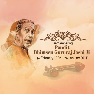 Portrait of Pandit Bhimsen Gururaj Joshi with musical instrument