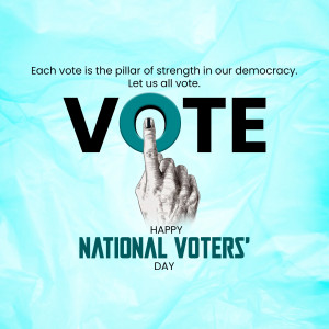 Image promoting voting with a finger pressing a voting button and text 'VOTE' and 'National Voters' Day'