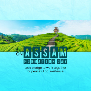 Scenic view of tea gardens in Assam with a pagoda and text celebrating Assam Formation Day.