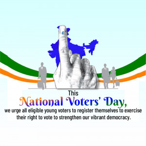 Image depicting a hand with ink on the finger, symbolizing voting, with the Indian flag and a call to register to vote.
