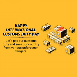 Illustration of packages and pallets with text 'Happy International Customs Duty Day'