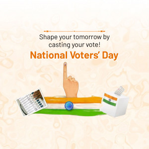 Image depicting a hand with ink-stained finger symbolizing voting on National Voters' Day with the Indian flag and voting machine.