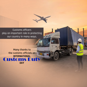 Image depicting a customs officer inspecting a truck with cargo containers and an airplane in the background, celebrating Customs Duty Day.