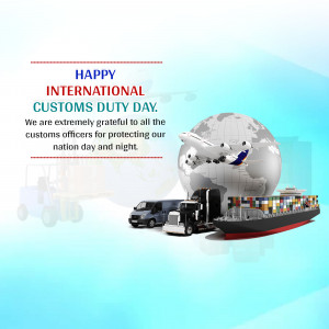 Image celebrating International Customs Day with a globe, planes, trucks, and ships.