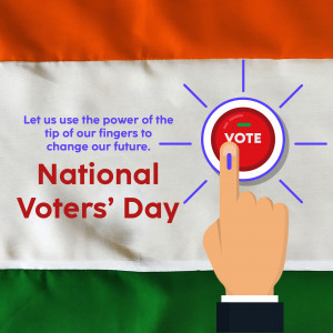 Image depicting a finger pressing a 'Vote' button against the backdrop of the Indian flag, promoting National Voters' Day.