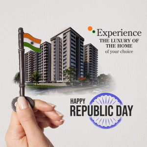 Image depicting a hand holding a key with the Indian flag and a modern apartment building in the background, with a Republic Day greeting.