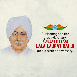 Portrait of Lala Lajpat Rai with Indian flag elements and text commemorating his birth anniversary.