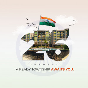 Indian flag waving over a modern building complex with '2023' and 'January' text.