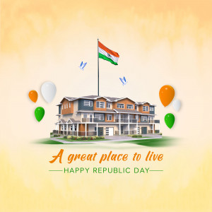 Illustration of a building with the Indian flag waving, decorated with balloons and text 'A great place to live - Happy Republic Day'