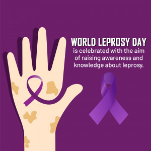 Illustration of a hand with skin discoloration and a purple ribbon for World Leprosy Day.